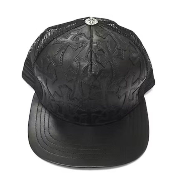 Chrome Hearts Cemetery Cross Leather Stitched Trucker Hat – Black